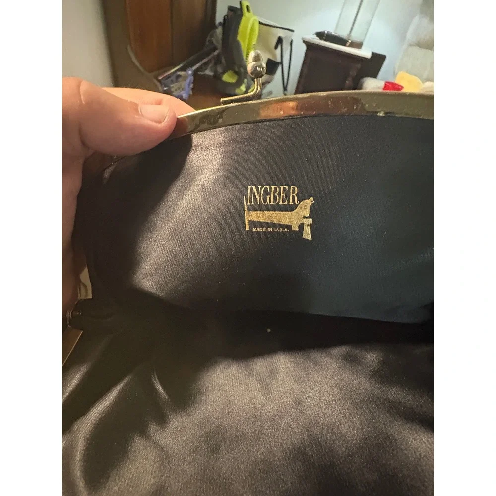 Vintage Ingber Black Satin Evening Clutch Rhinestone Gold Frame Made in USA
